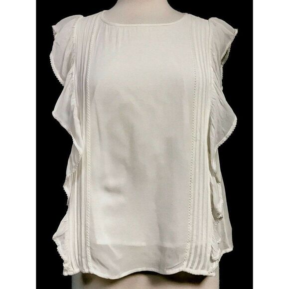 Vera Moda White Ruffled Pintucked Lined Back Buttoned Cap Sleeve Blouse M NEW - Picture 2 of 8